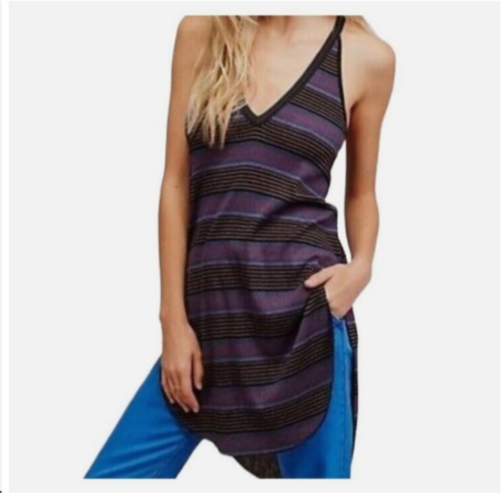 We The Free Loui Striped Racerback Oversized Purple Tunic Tank Top Ribbed Boho